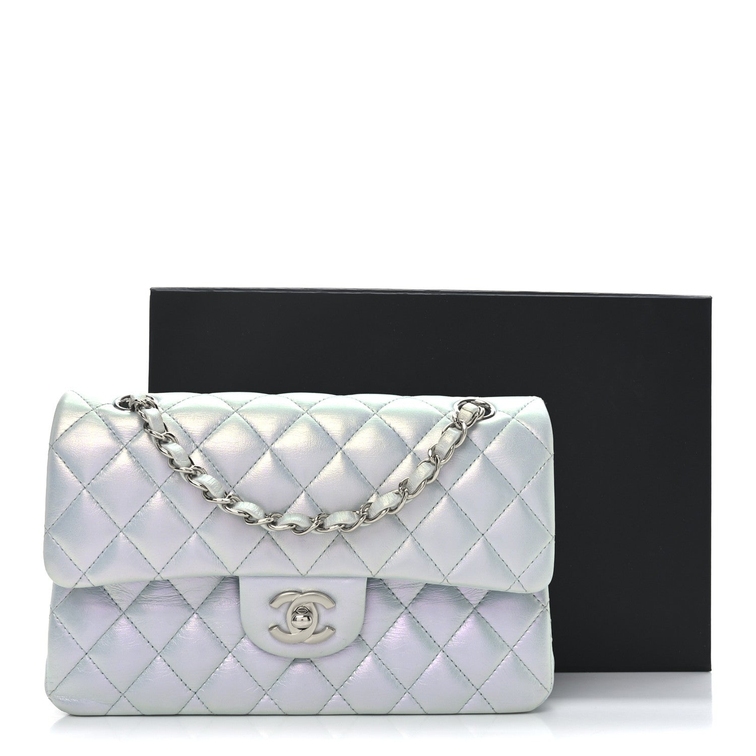 Iridescent Calfskin Quilted Small Double Flap Green