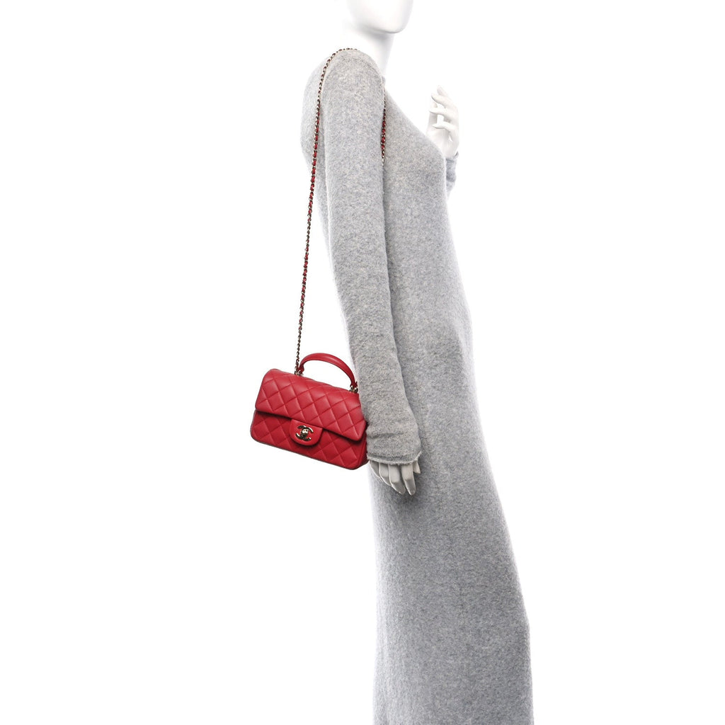 Lambskin Quilted Mini Top Handle Rectangular Flap Red