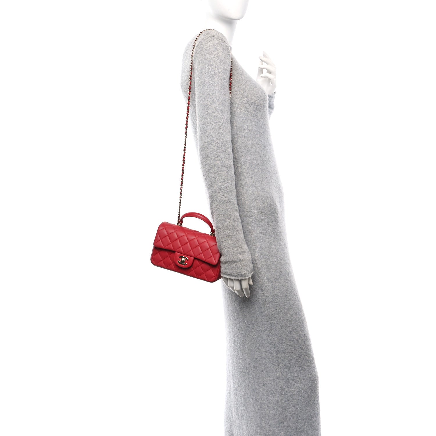 Lambskin Quilted Mini Top Handle Rectangular Flap Red