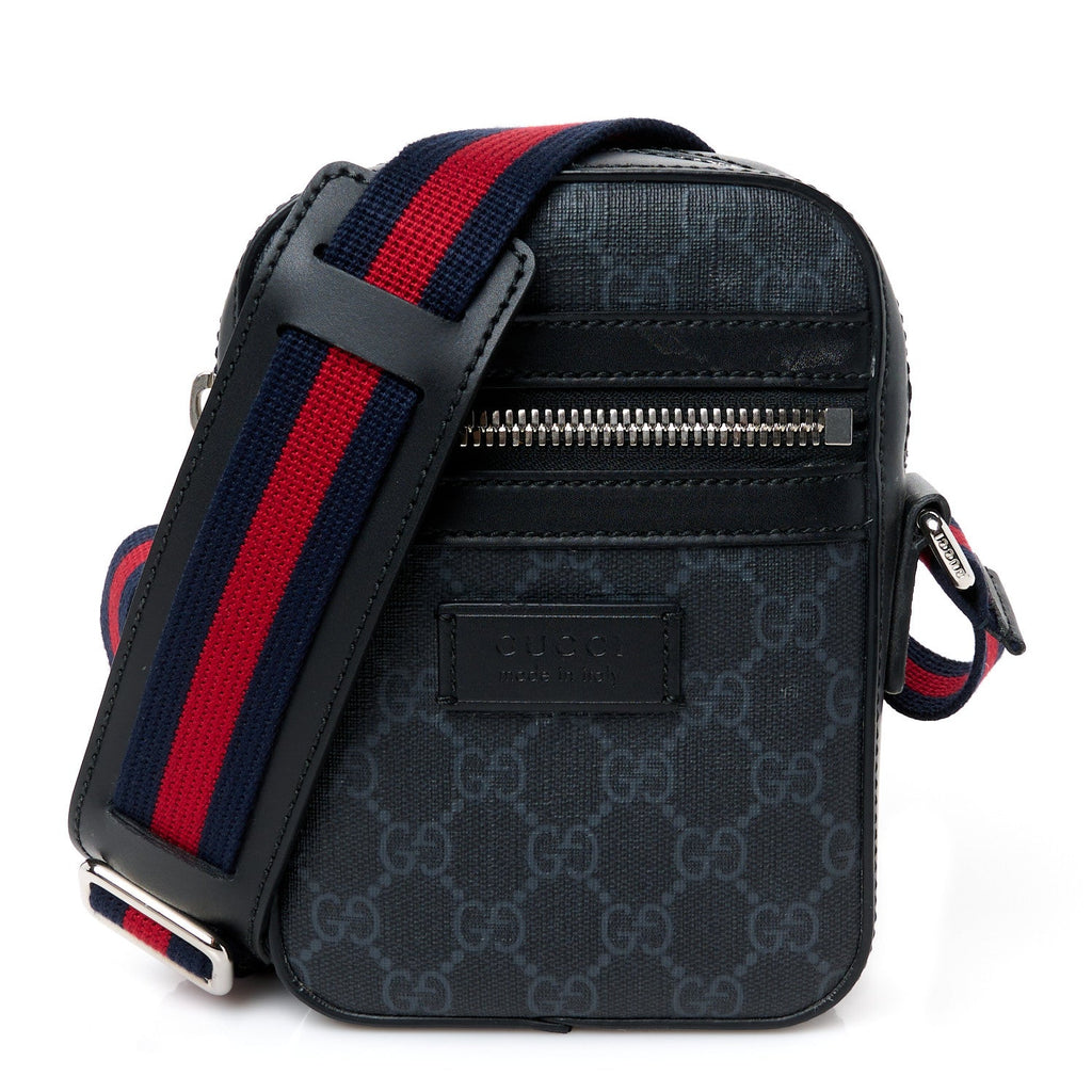 GG Supreme Monogram Appia Calfskin Web Small Camera Messenger Bag Black Grey