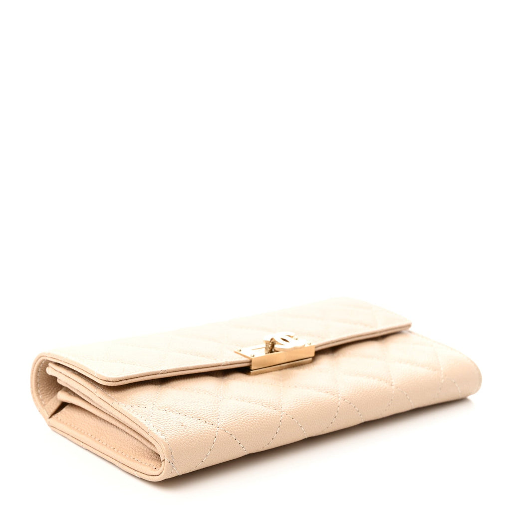 Caviar Quilted Large Golden Class Gusset Flap Wallet Beige