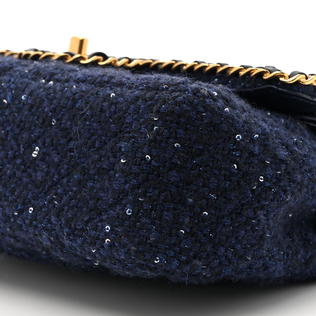Tweed Sequin Timeless Classic Chained Double Flap Navy Blue
