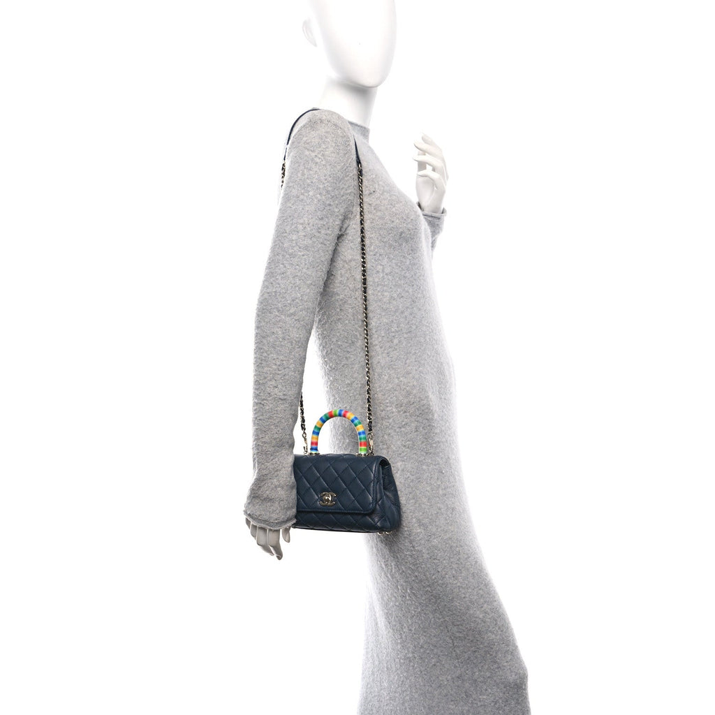 Goatskin Quilted Extra Mini Rainbow Coco Handle Flap Navy Blue