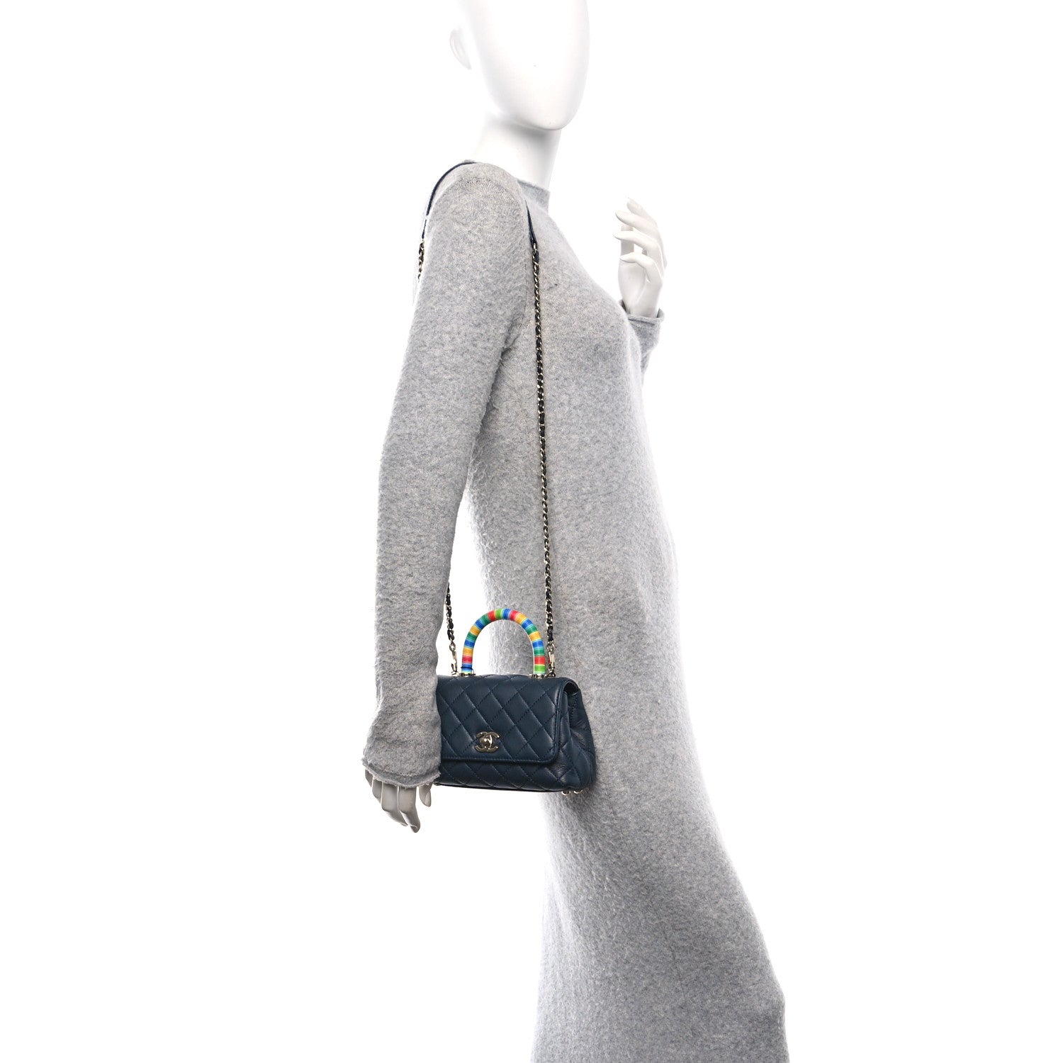 Goatskin Quilted Extra Mini Rainbow Coco Handle Flap Navy Blue