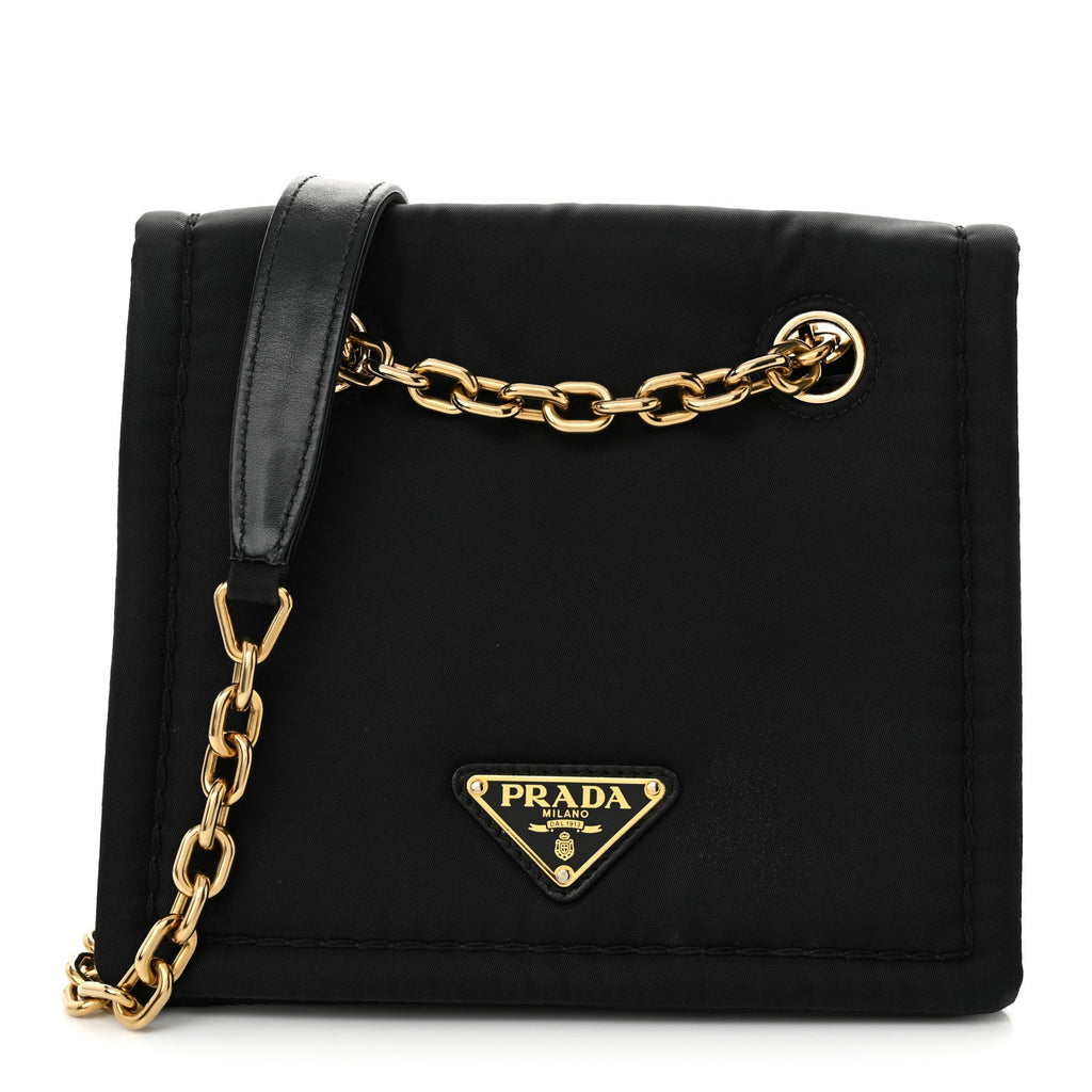 Tessuto Nylon Chain Flap Shoulder Bag Black