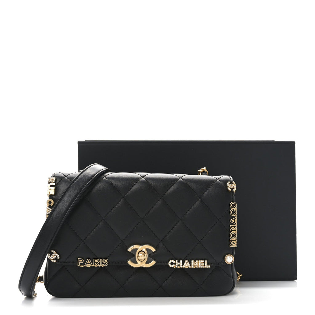 Lambskin Enamel Strass Quilted Mini Paris Monaco Flap Black