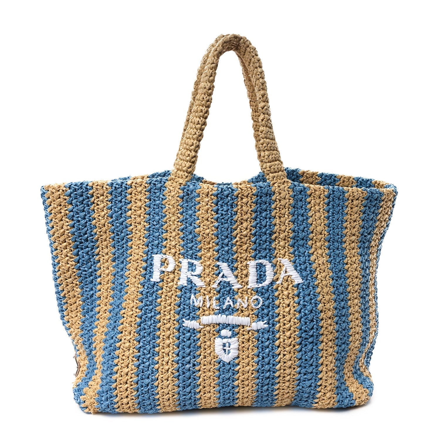 Yarn Raffia Effect Crochet Striped Large Logo Tote Naturale Celeste