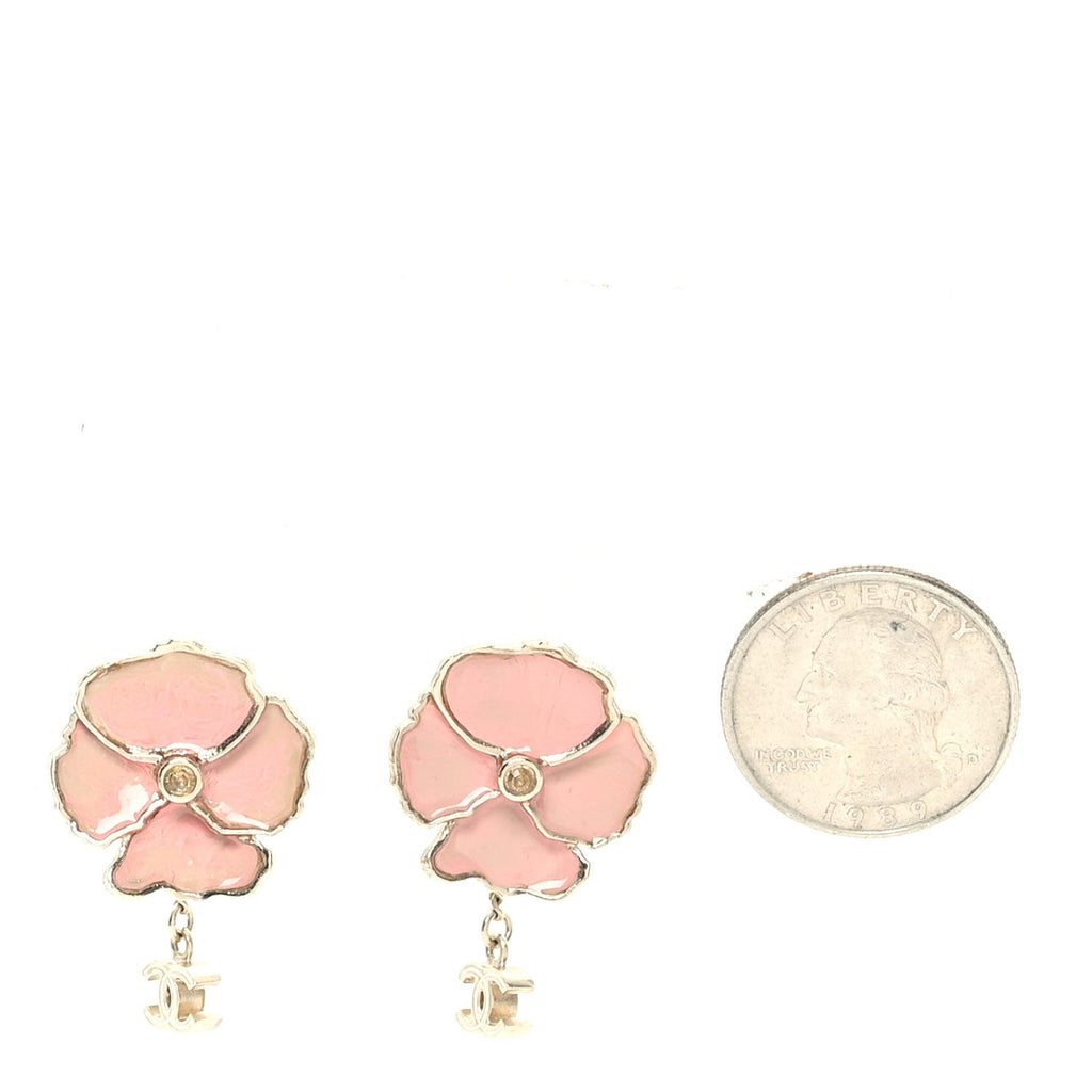 Enamel Crystal CC Camellia Drop Clip On Earrings Pink Gold