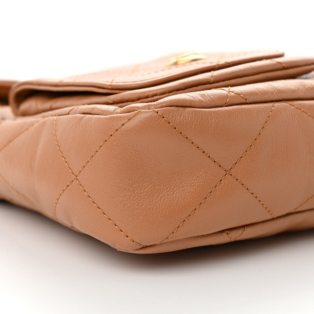 Shiny Calfskin Quilted Supple Twins Small Hobo Bag Brown