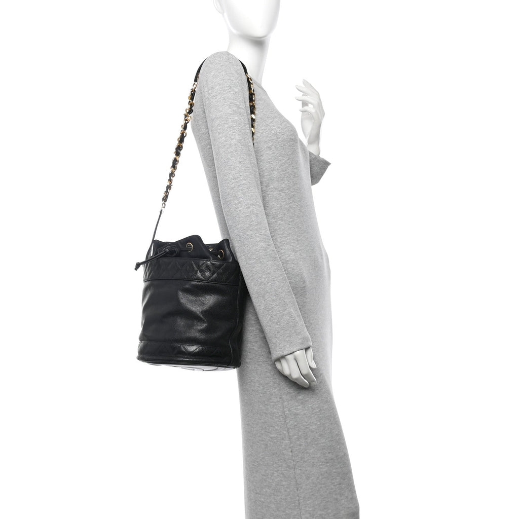 Caviar Drawstring Bucket Shoulder Bag Black