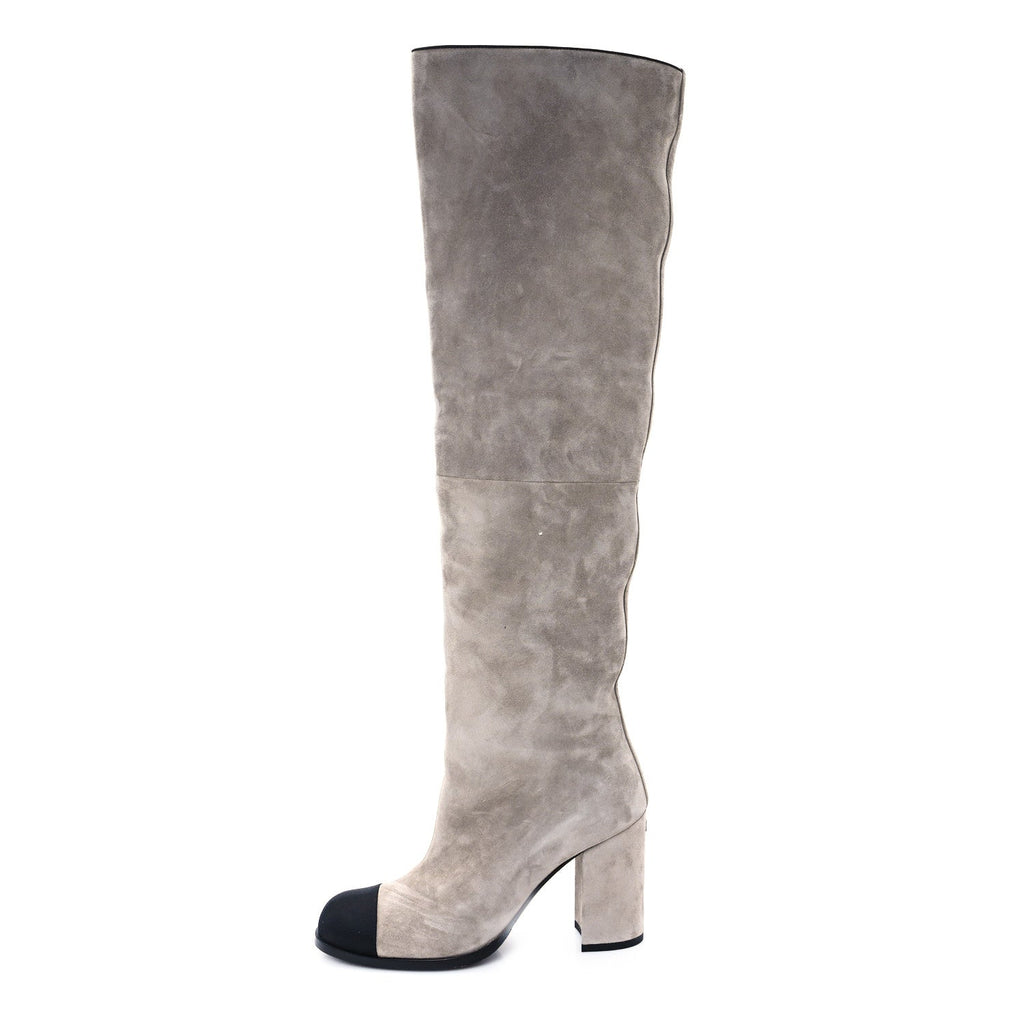 Suede Calfskin Grosgrain Cap Toe Knee High Boots 36.5 Grey Black