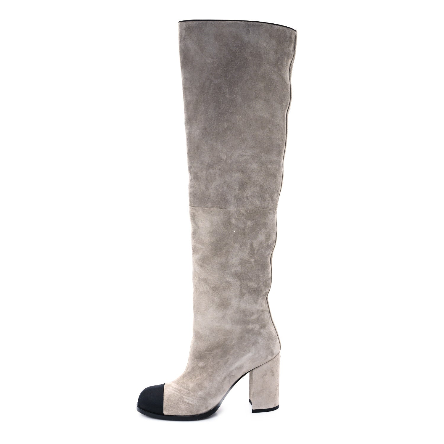 Suede Calfskin Grosgrain Cap Toe Knee High Boots 36.5 Grey Black