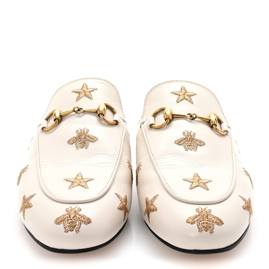 Goatskin Bee Star Embroidered Womens Princetown Slippers 36 Mystic White