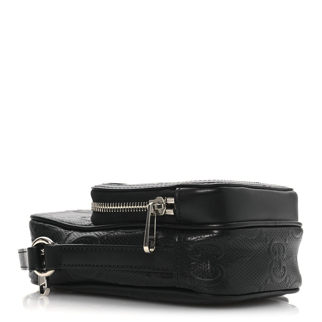 Calfskin GG Tennis Embossed Mini Double Zip Messenger Bag Black