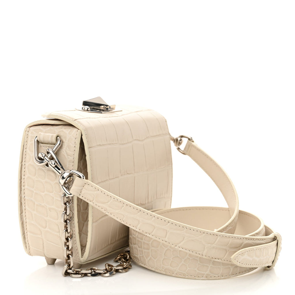 Calfskin Crocodile Embossed Box Shoulder Bag 16 White Bone