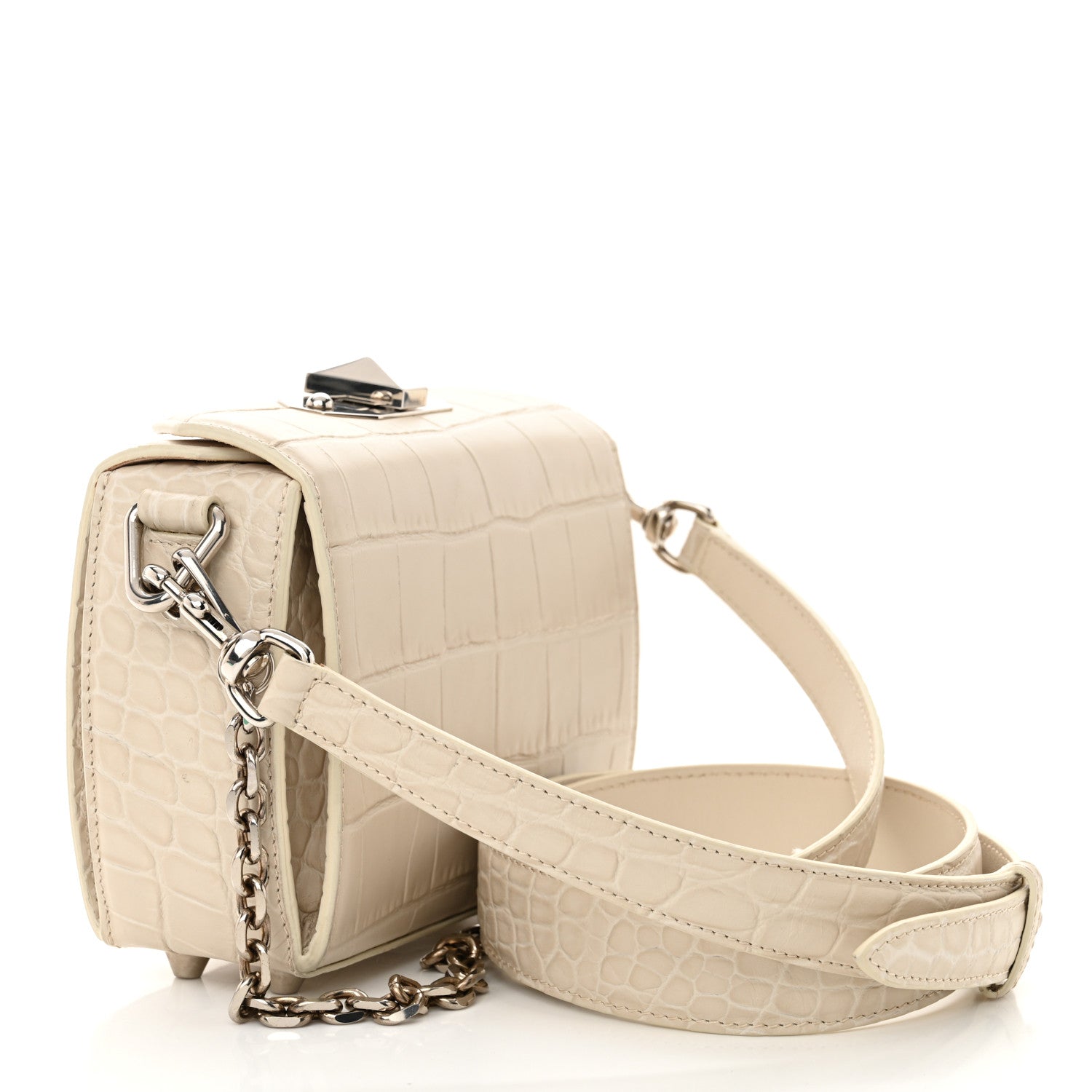 Calfskin Crocodile Embossed Box Shoulder Bag 16 White Bone