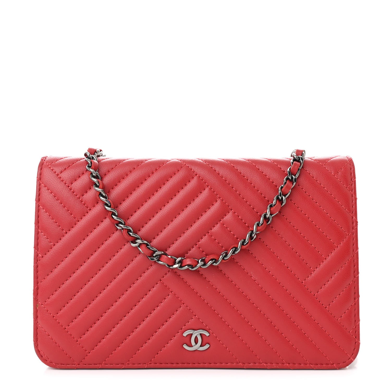 Lambskin Quilted CC Crossing Wallet On Chain WOC Red