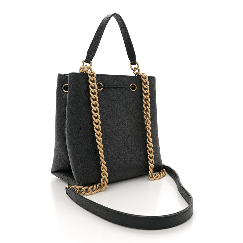 Grained Calfskin Stitched Small Drawstring Bag Black