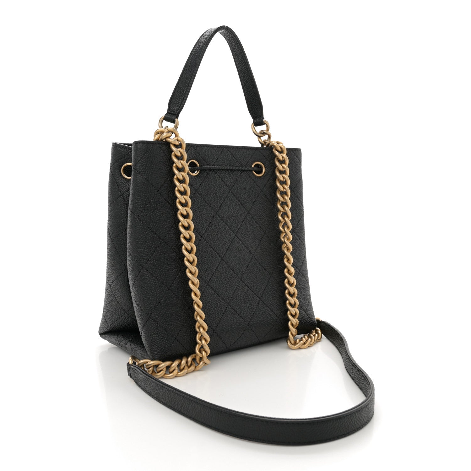 Grained Calfskin Stitched Small Drawstring Bag Black
