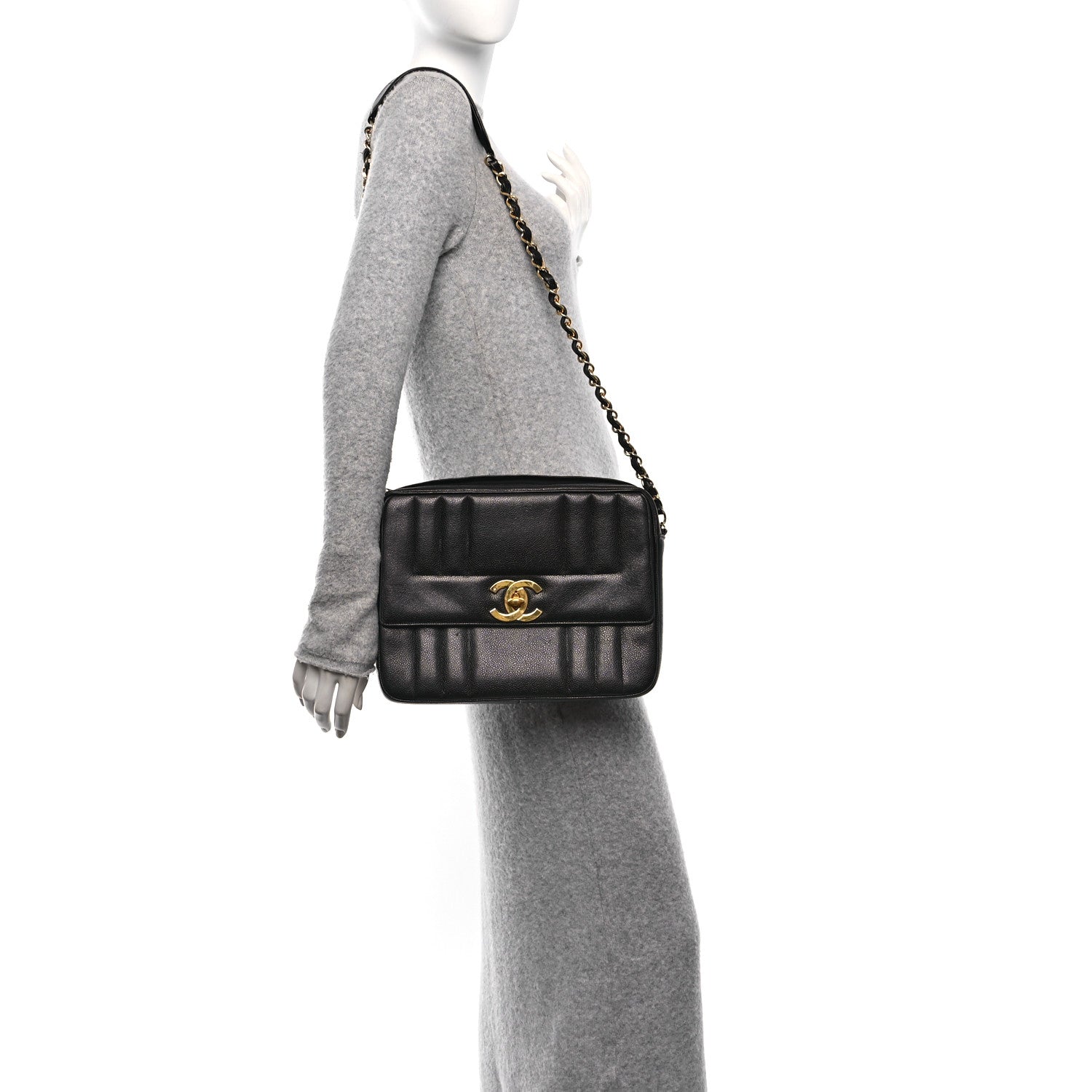 Caviar Vertical Quilted Flap Camera Bag Black