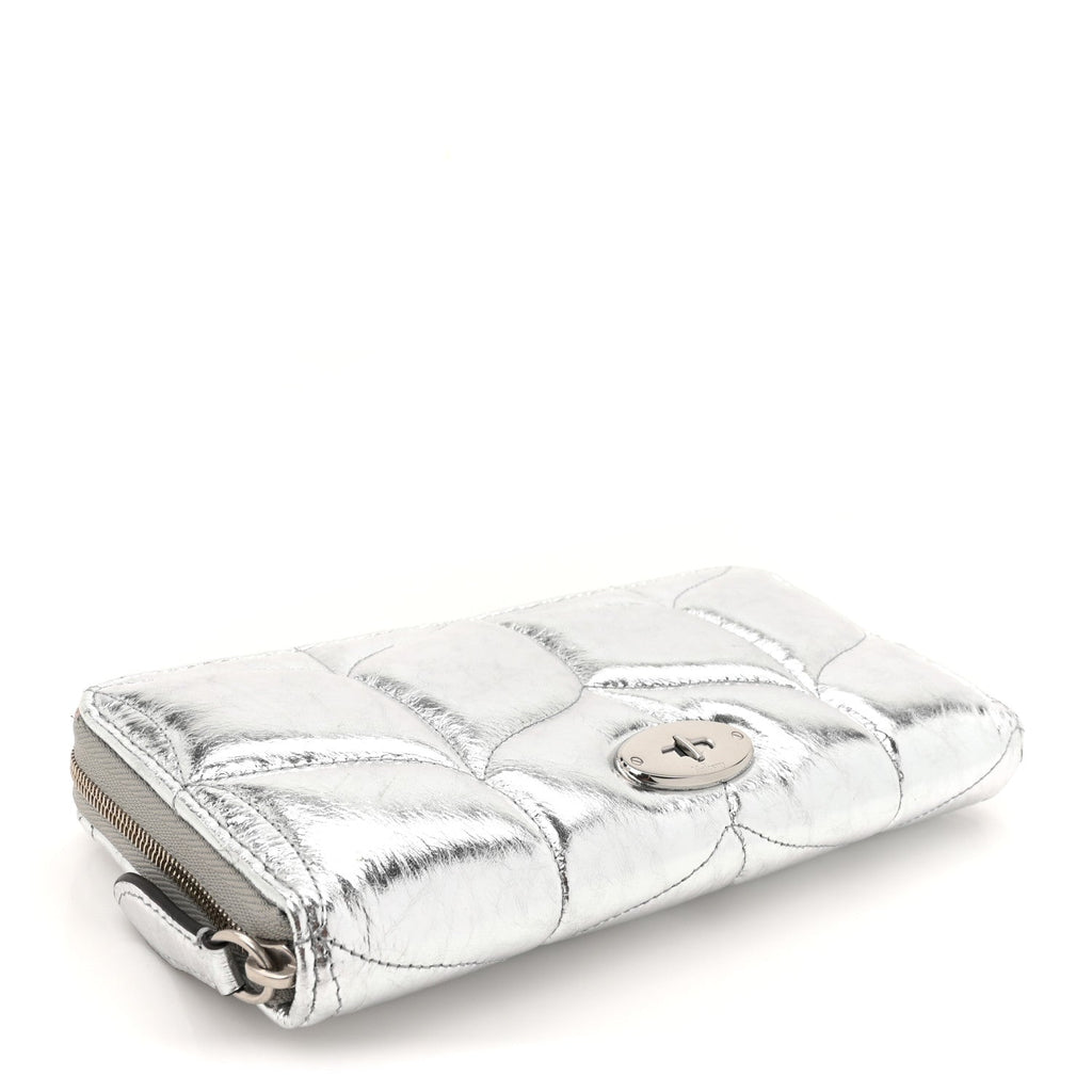 Metallic Crinkled Nappa Pillow Quilted Softie Zip Around Wallet Silver