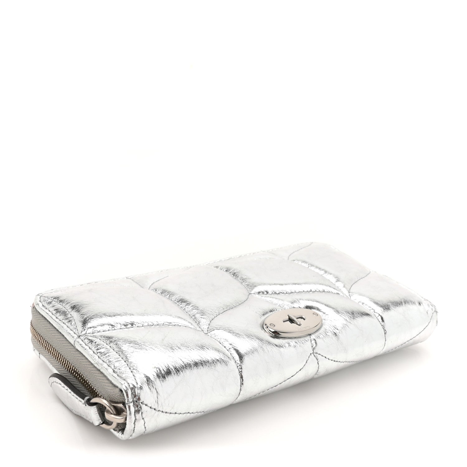 Metallic Crinkled Nappa Pillow Quilted Softie Zip Around Wallet Silver