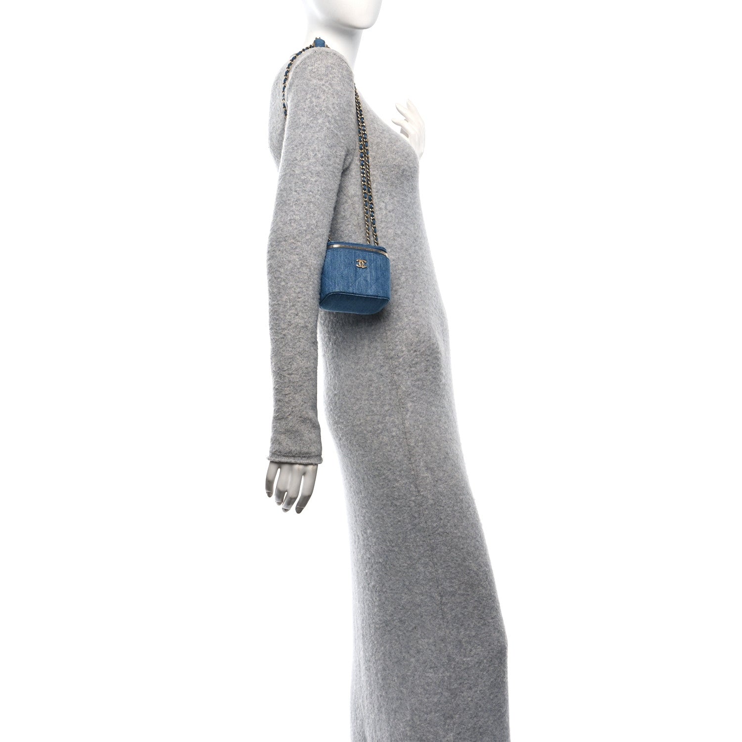 Denim Quilted Mini Pearl Crush Vanity Case With Chain