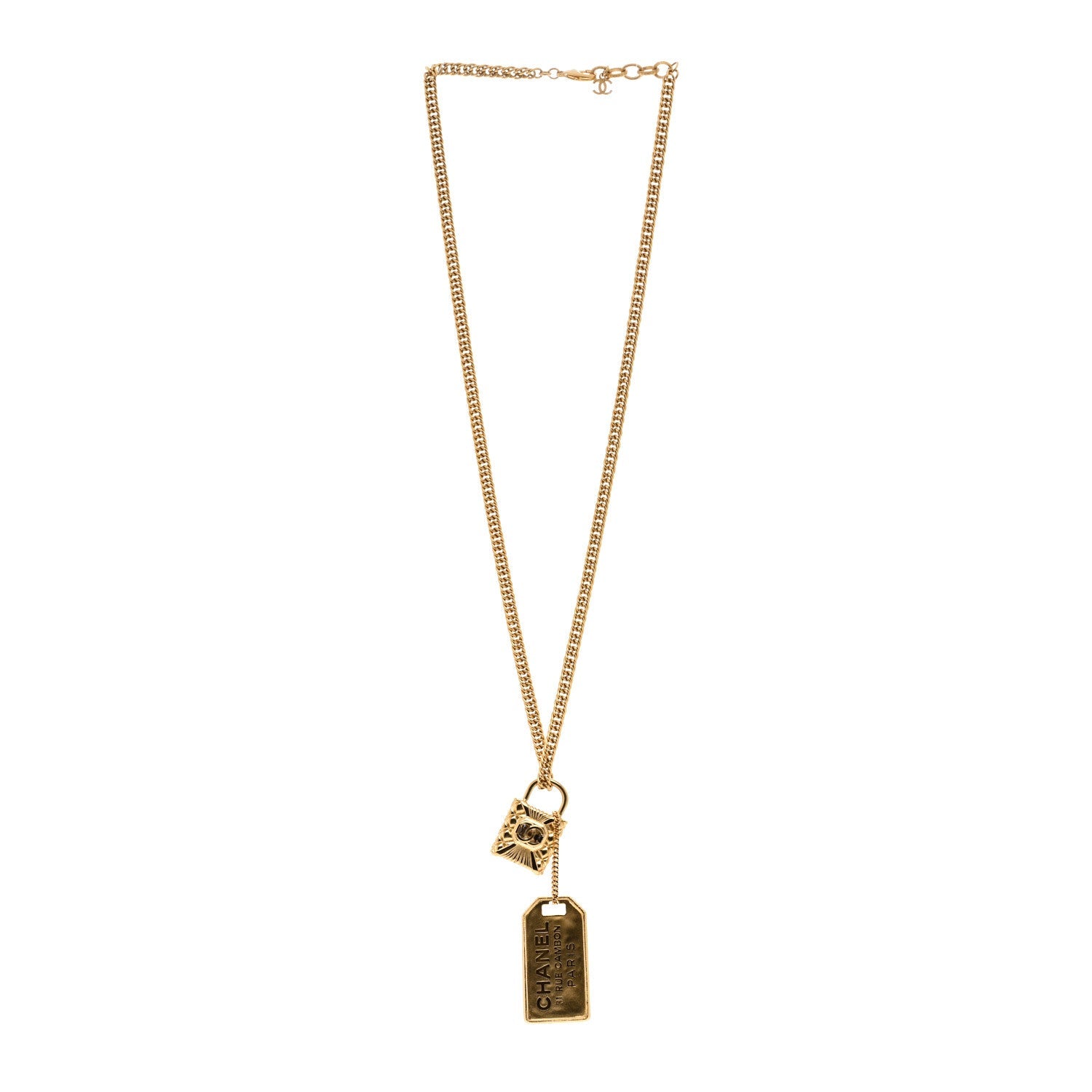 CC Padlock ID Dog Tag Charm Necklace Gold