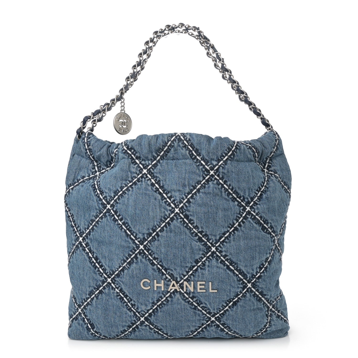 Denim Quilted Stitched Small Chanel 22 Blue