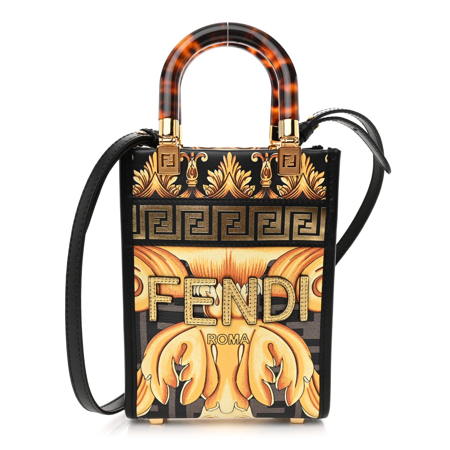 X VERSACE Vitello King Catalan Mirror Plexiglass Fendace FF Baroque Logo Mini Fendi Sunshine Shopper Tote Black Gold