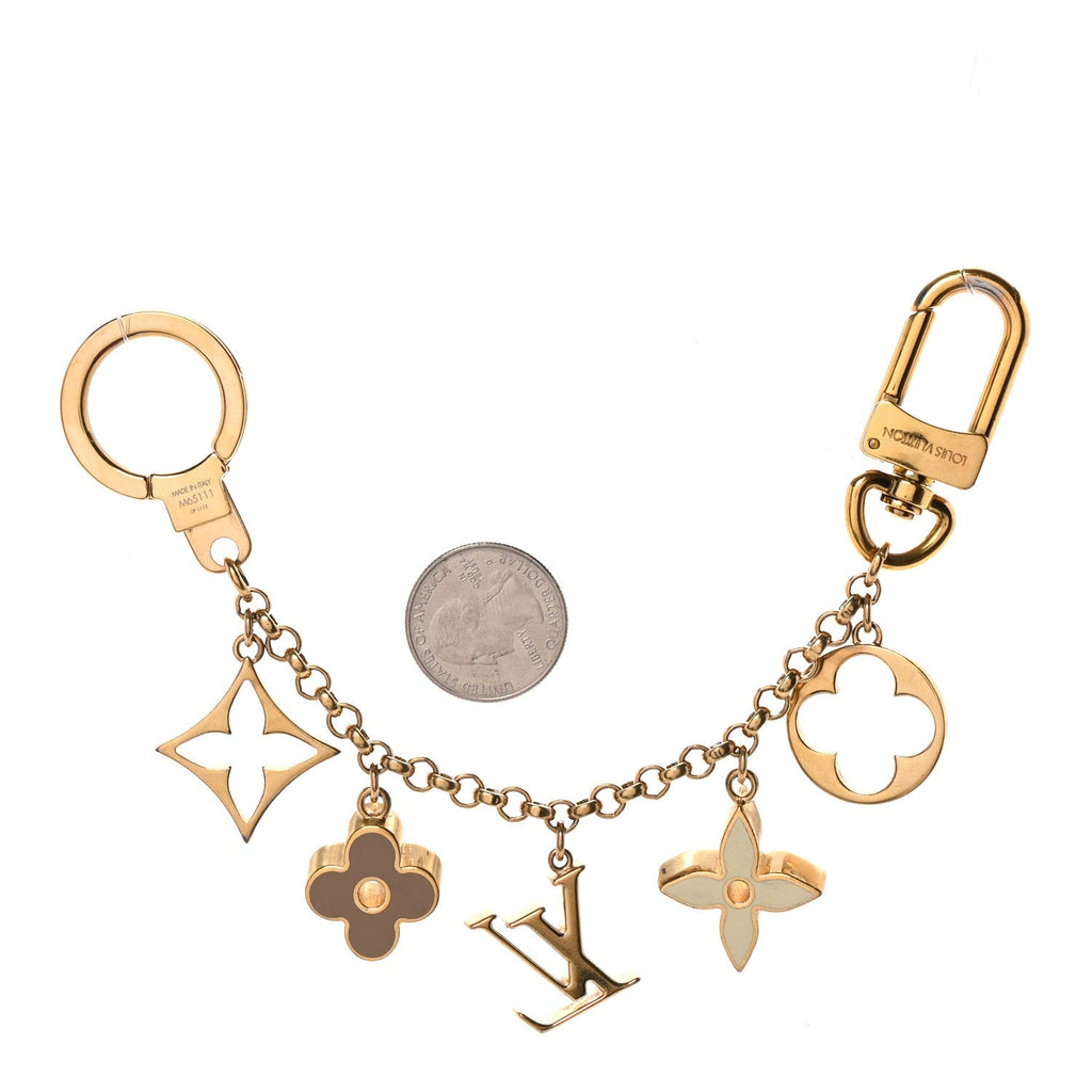 Brass Enamel Fleur De Monogram Bag Charm Chain Gold