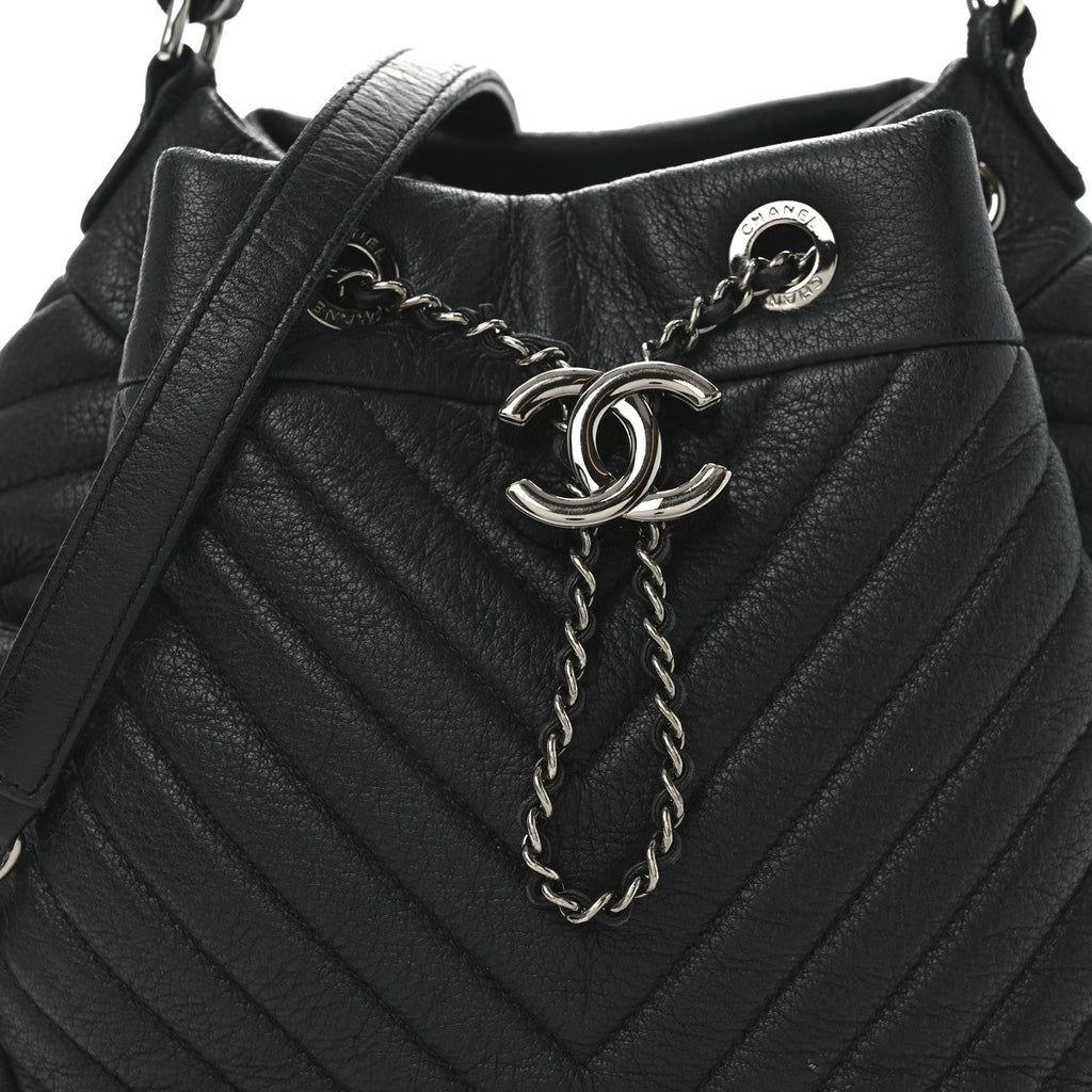 Deerskin Chevron Small CC Chain Bucket Bag Black
