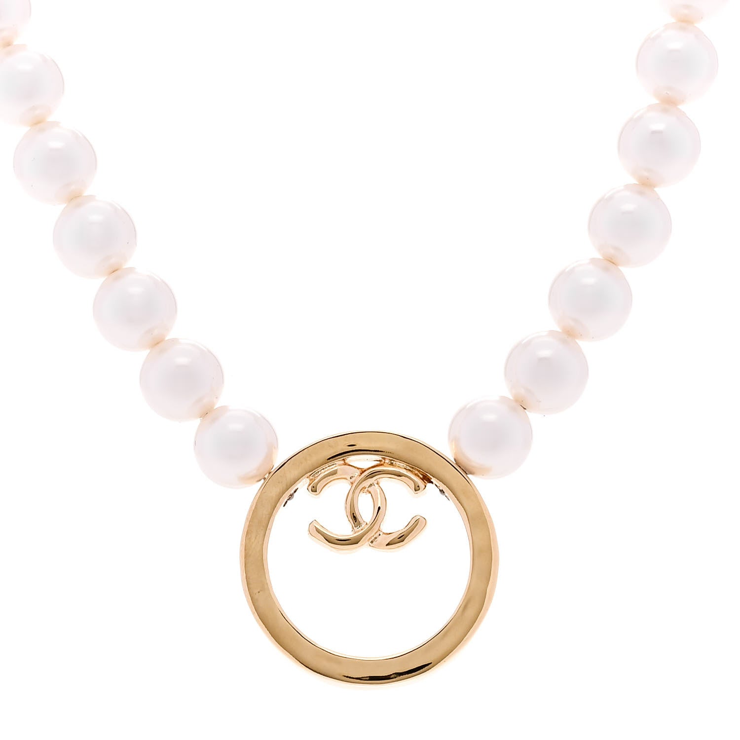 Pearl CC Round Long Necklace Gold White
