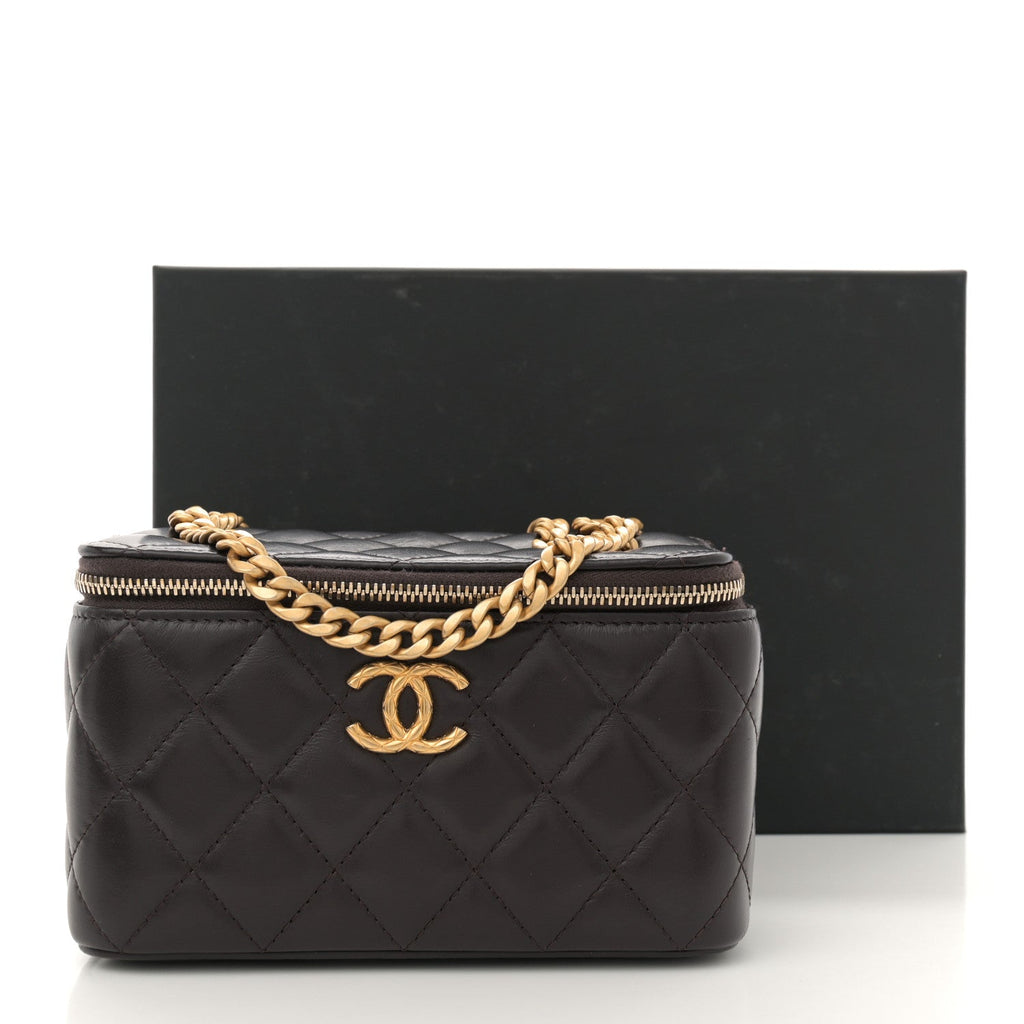 Lambskin Quilted Small Pillow Crush Vanity Case With Chain Black