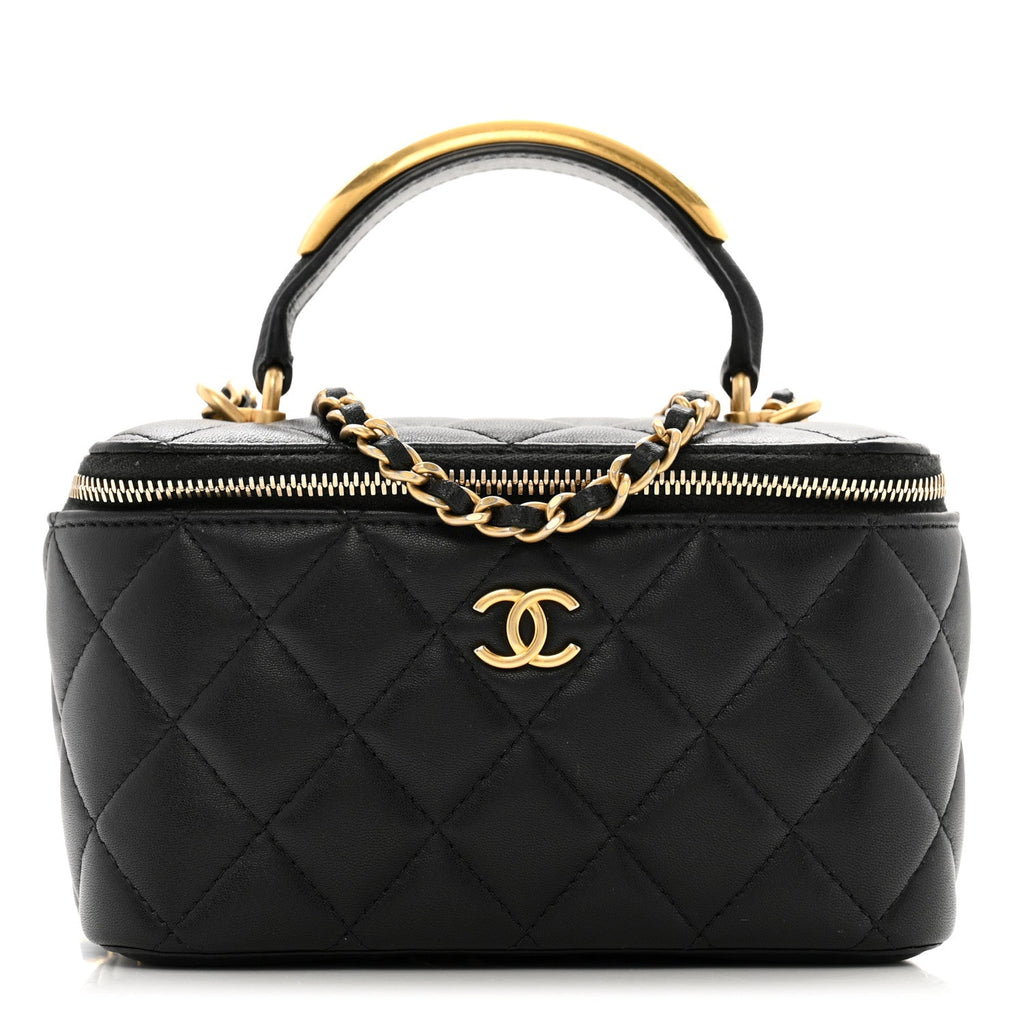 Lambskin Quilted Metal Small Top Handle Vanity Case With Chain Black