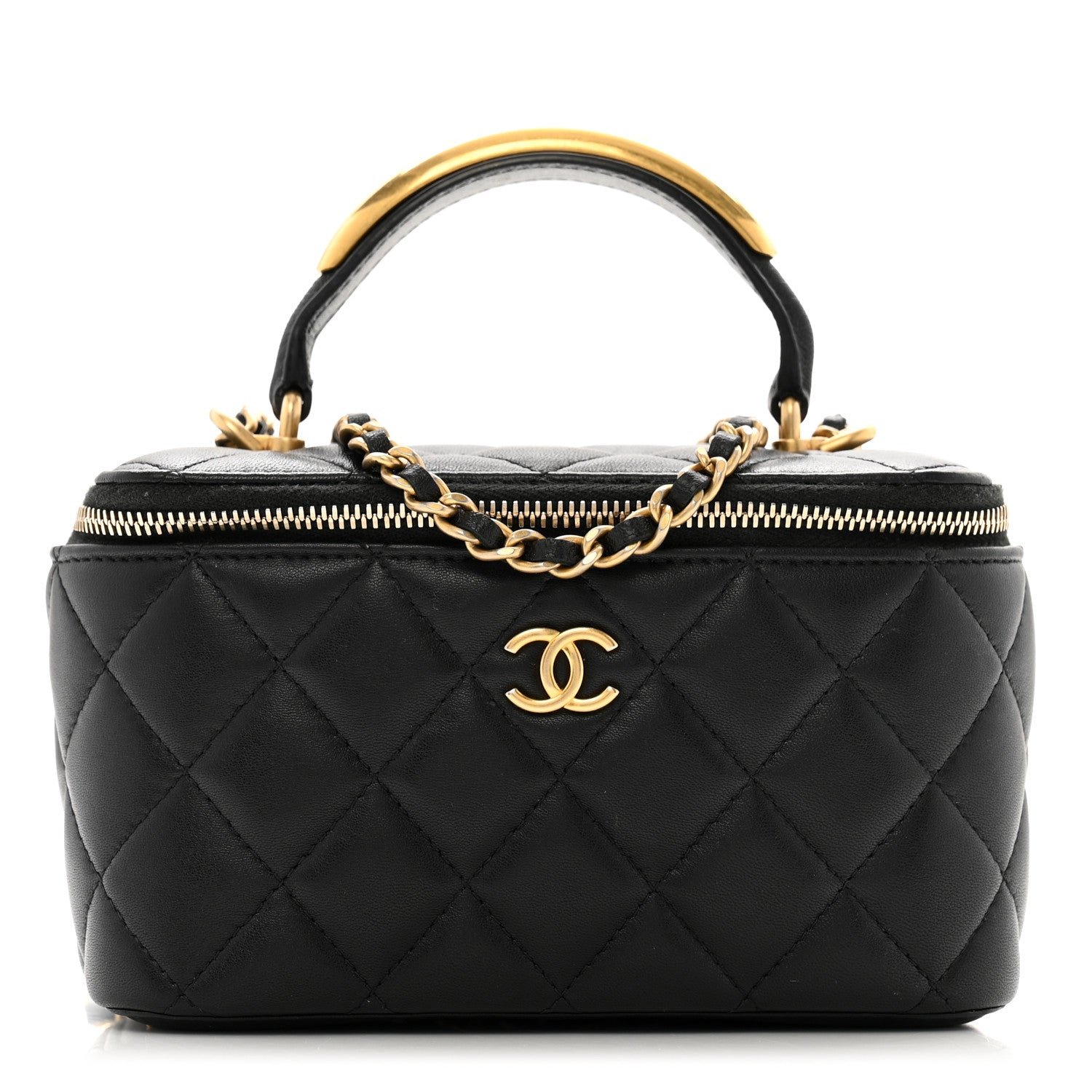 Lambskin Quilted Metal Small Top Handle Vanity Case With Chain Black