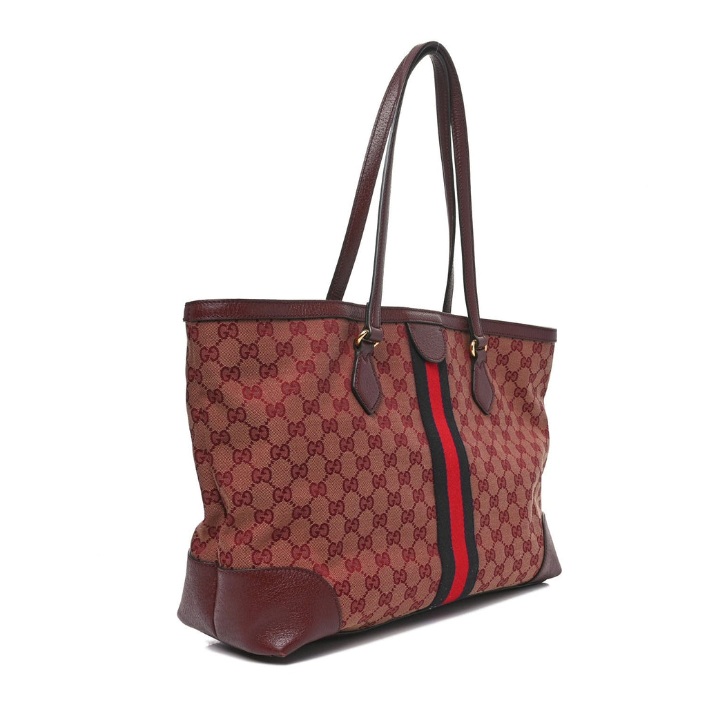 Monogram Textured Dollar Calfskin Web Medium Ophidia Shopping Tote Sahara Rubino Chardonnay