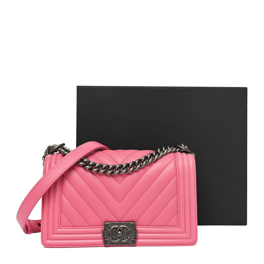 Calfskin Chevron Quilted Medium Boy Flap Pink