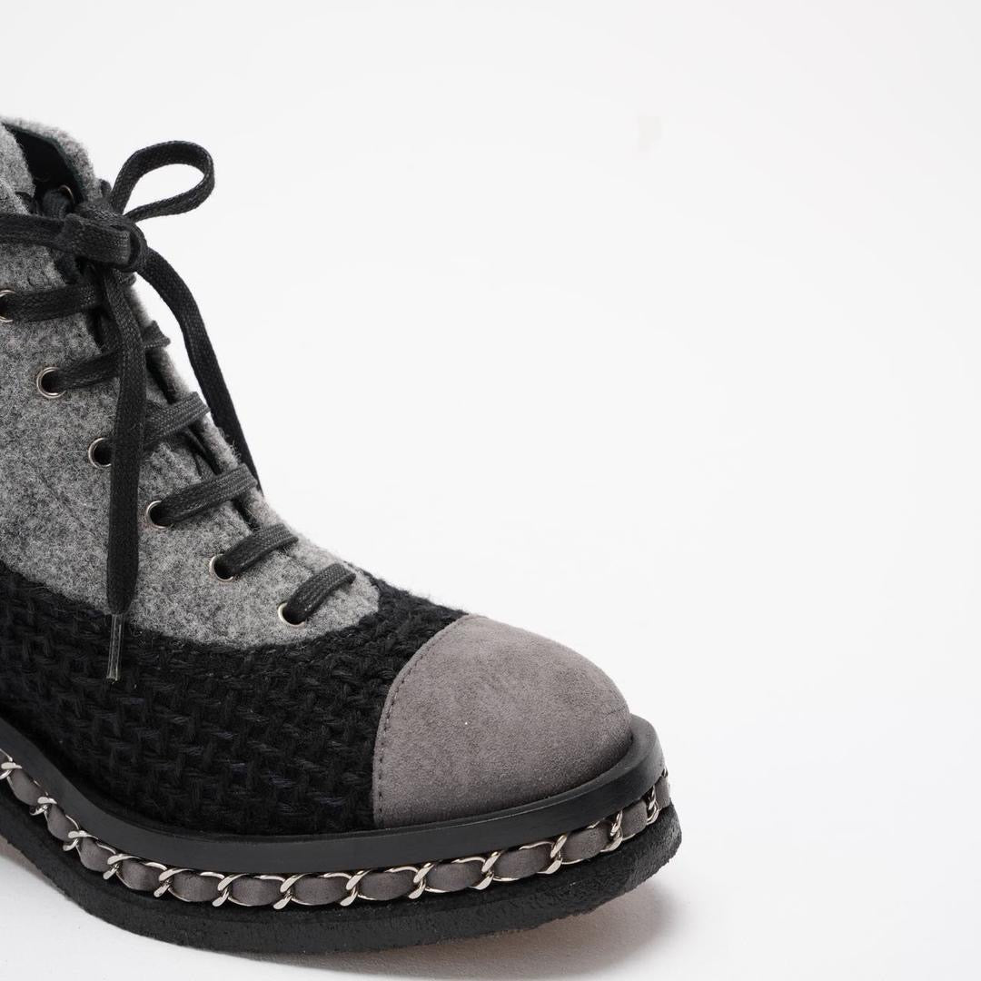 Chanel Black/Grey Tweed Suede Chain Ankle Boots 37