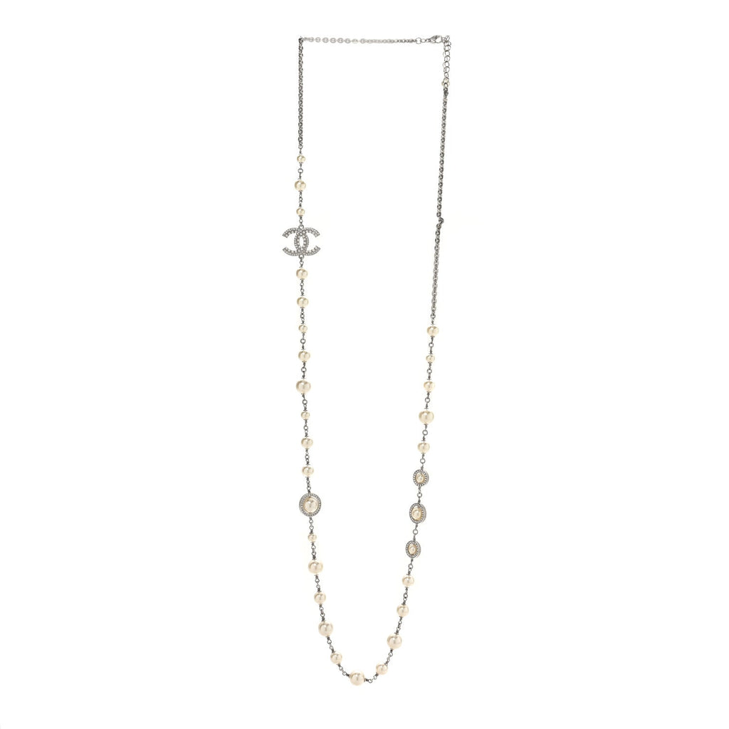 Graduated Pearl Crystal CC Long Necklace Silver