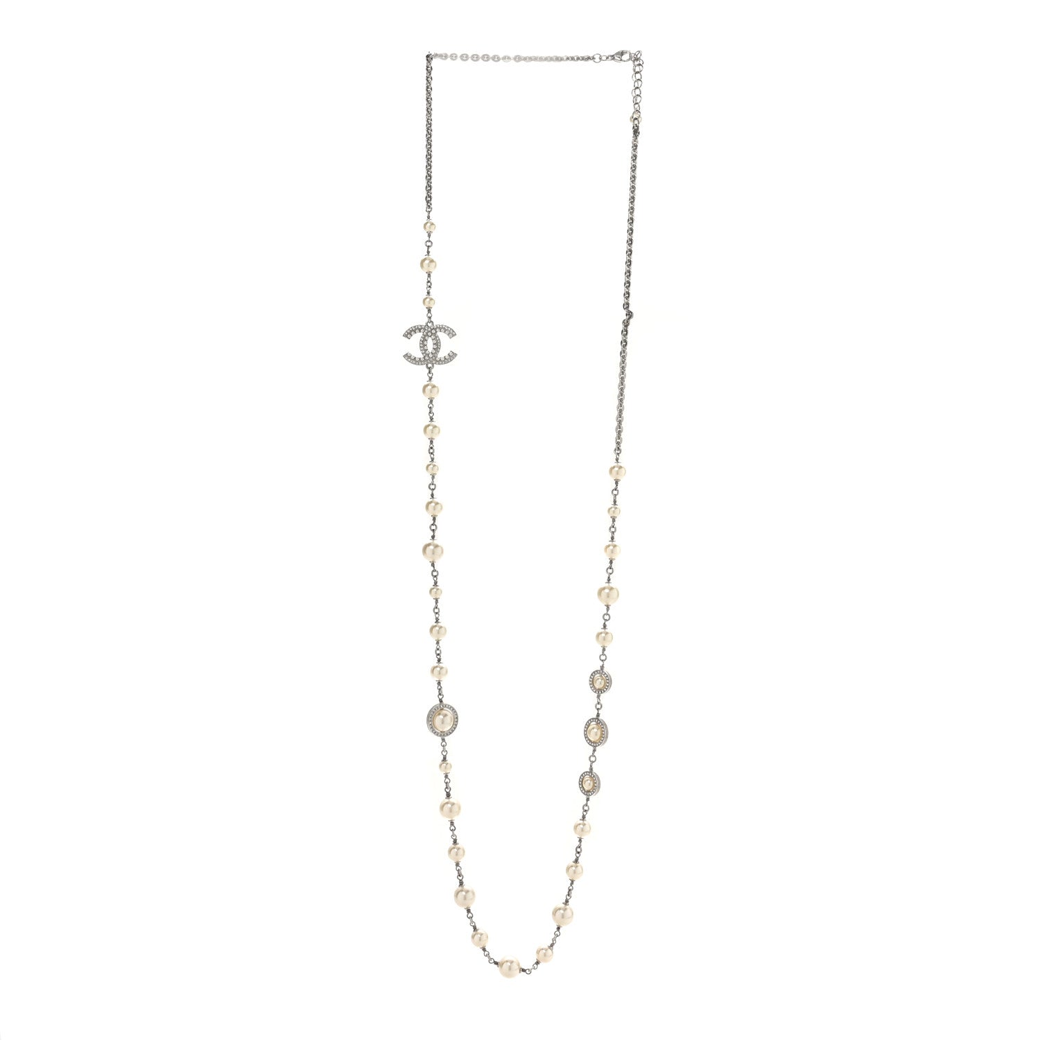 Graduated Pearl Crystal CC Long Necklace Silver