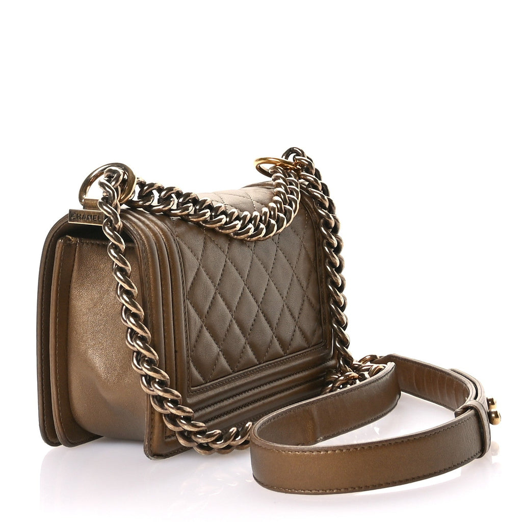 Metallic Calfskin Quilted Small Boy Flap Gold
