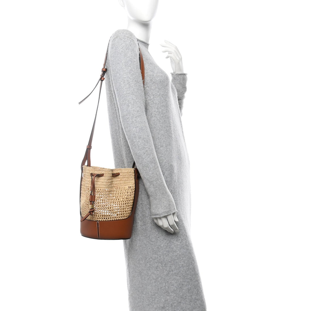 Raffia Calfskin Balloon Bucket Bag Natural Tan