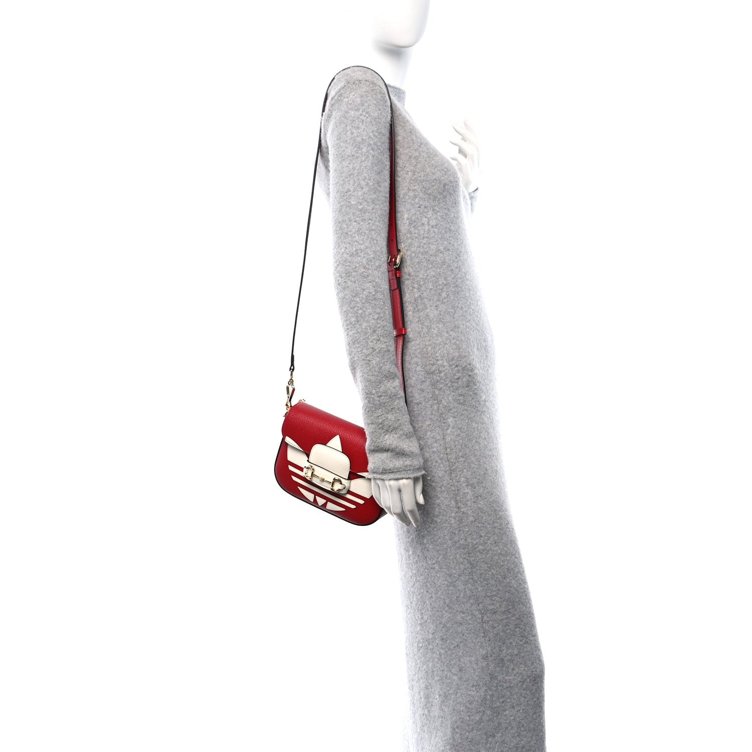 X ADIDAS Textured Dollar Calfskin Web Trefoil Mini Horsebit 1955 Shoulder Bag Hibiscus Red Off White