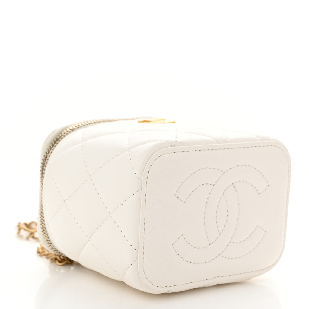 Lambskin Quilted Mini Vanity Case With Chain White