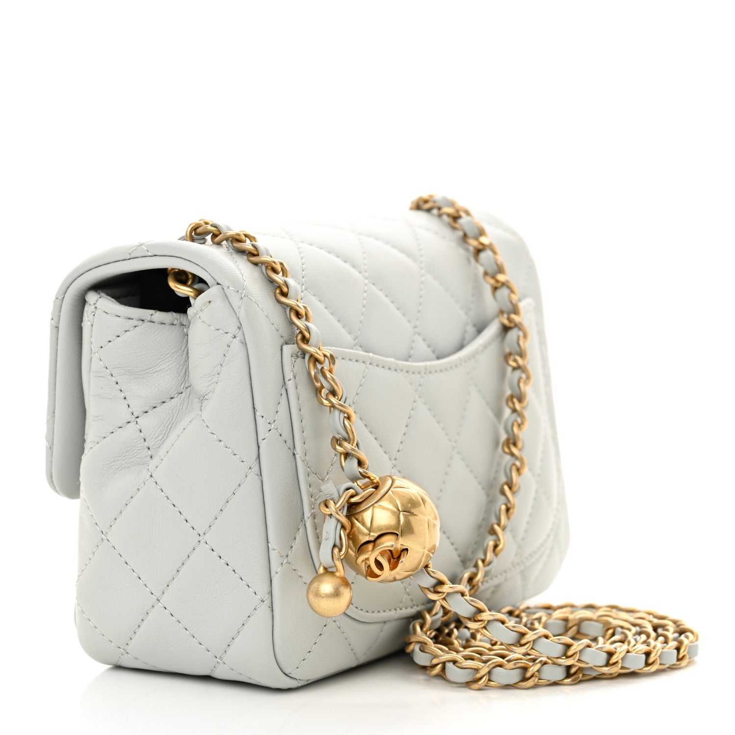 Lambskin Quilted Mini Pearl Crush Flap Light Grey