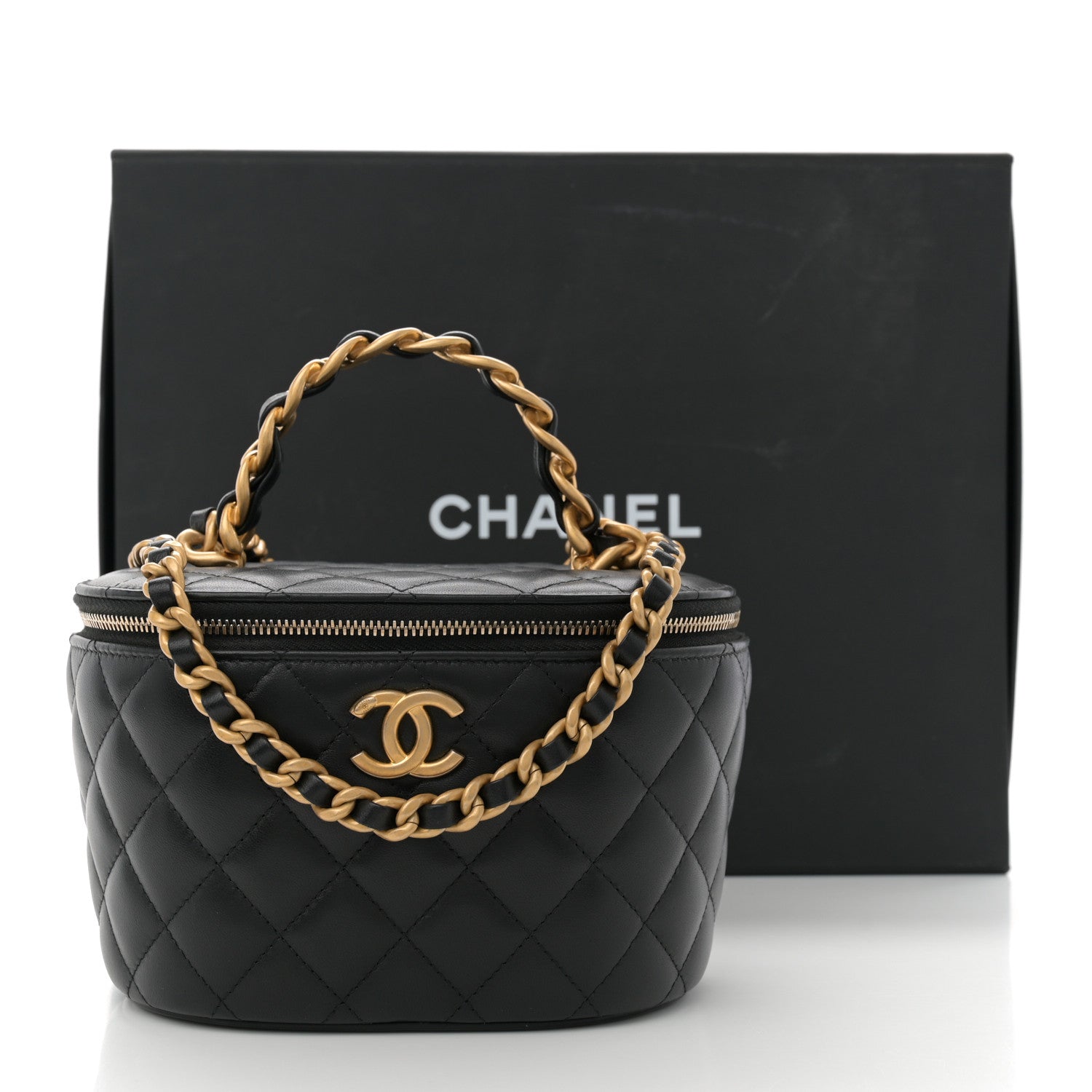 Lambskin Quilted Chain Top Handle Round Vanity Case Black