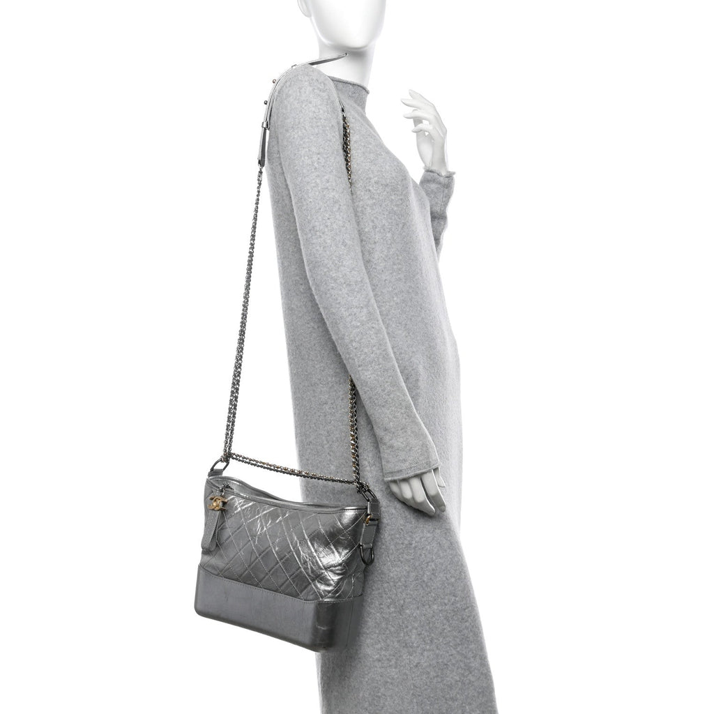 Metallic Aged Calfskin Quilted Medium Gabrielle Silver