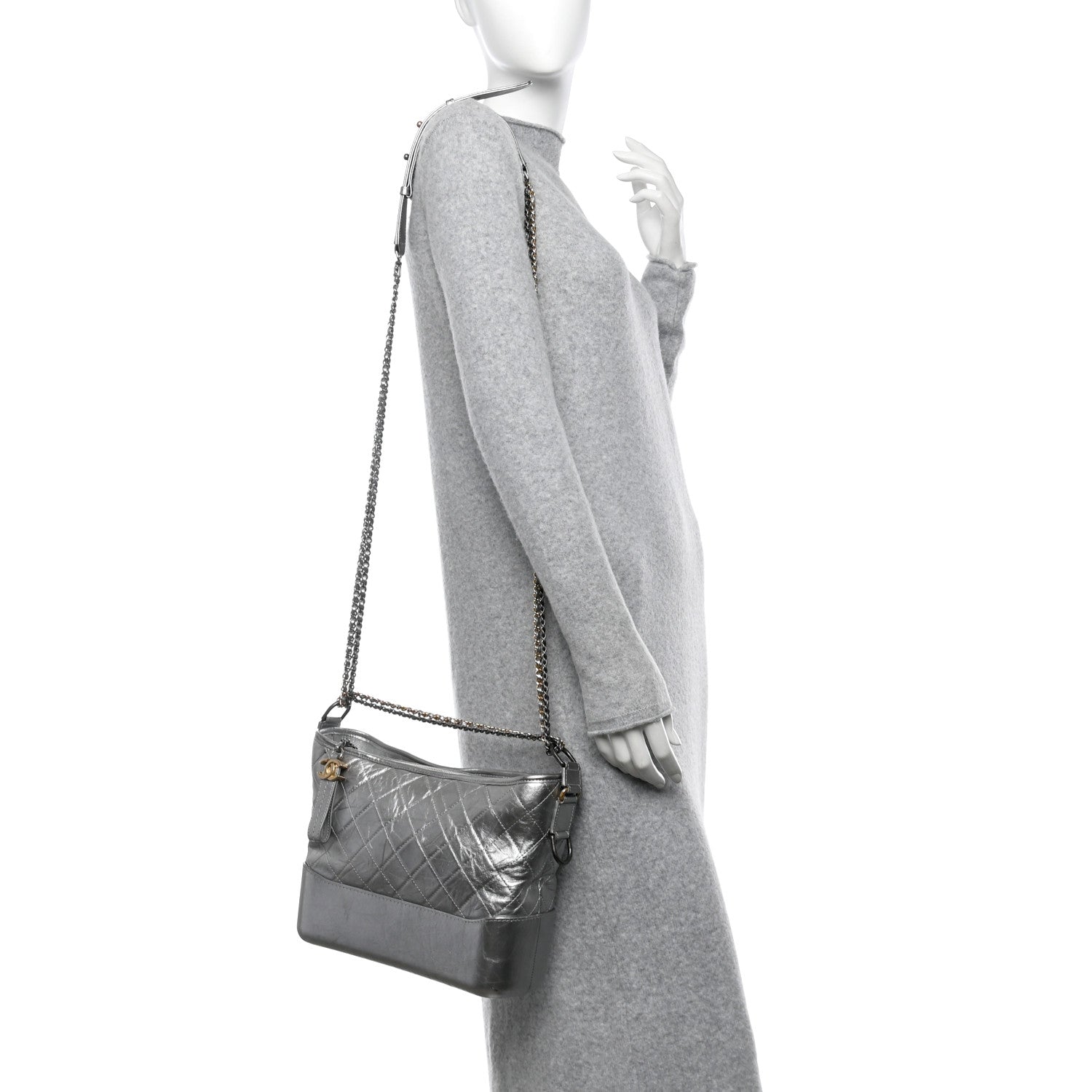 Metallic Aged Calfskin Quilted Medium Gabrielle Silver