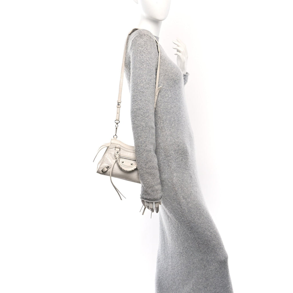 Semi Shiny Calfskin Crocodile Embossed Neo Classic Silver Hardware Mini City White